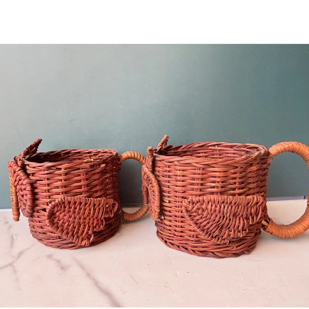 Vintage Owl Wicker Basket Cups Set of 2 Brown Woven Boho Storage Handles